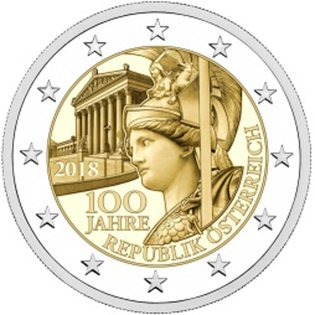 2 Euro Sondermünze aus Österreich mit dem Motiv 100. Jahrestag der Republik Österreich